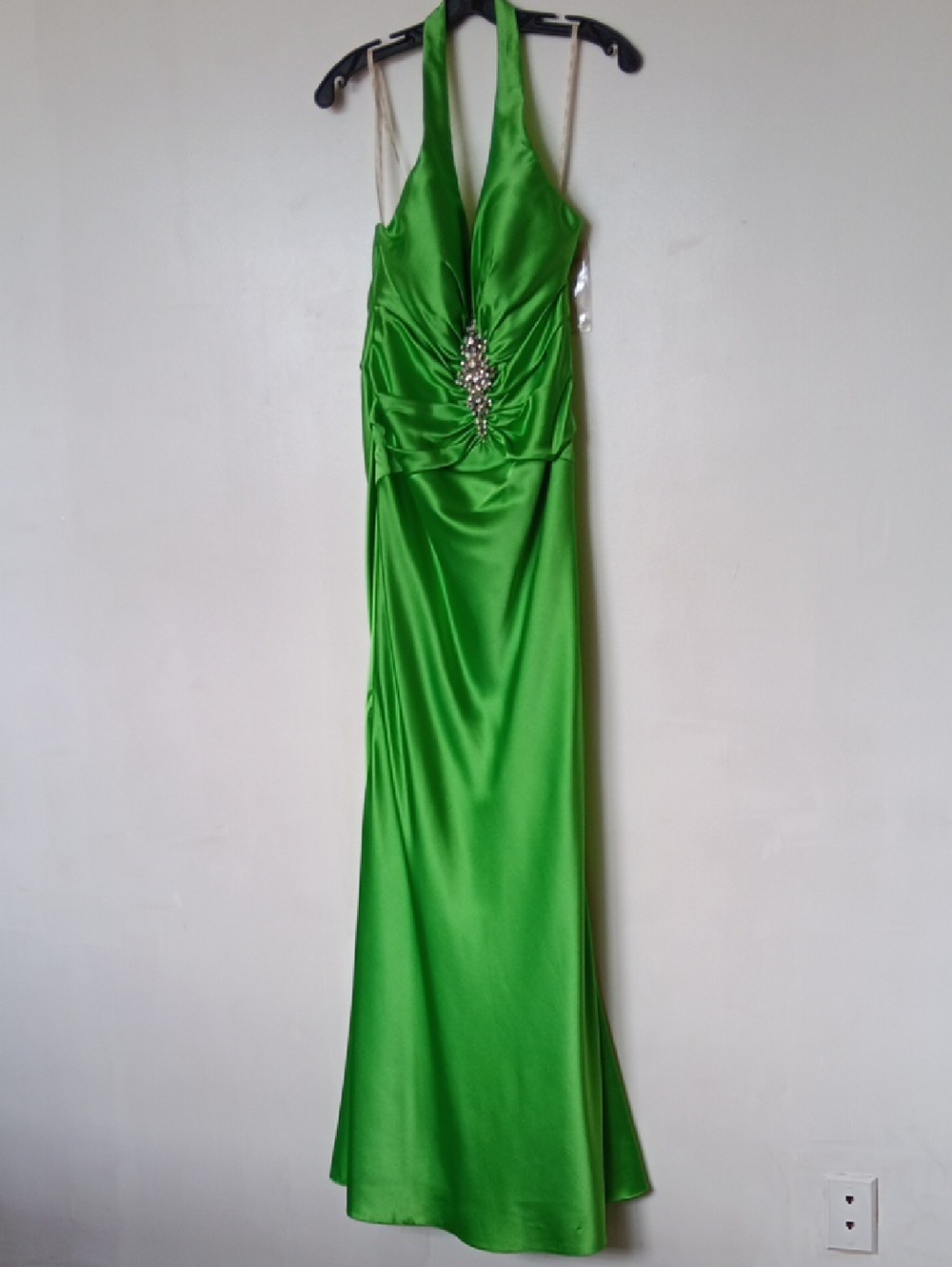 Vintage Lux Satin Lime Green Halter Maxi Dress with Crystal Detail